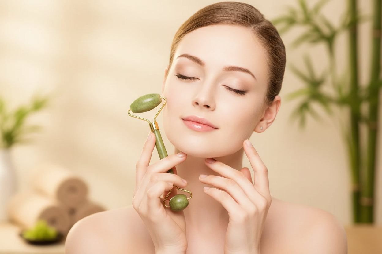 Woman touching her face with a green jade roller and gua sha tool on a gray background