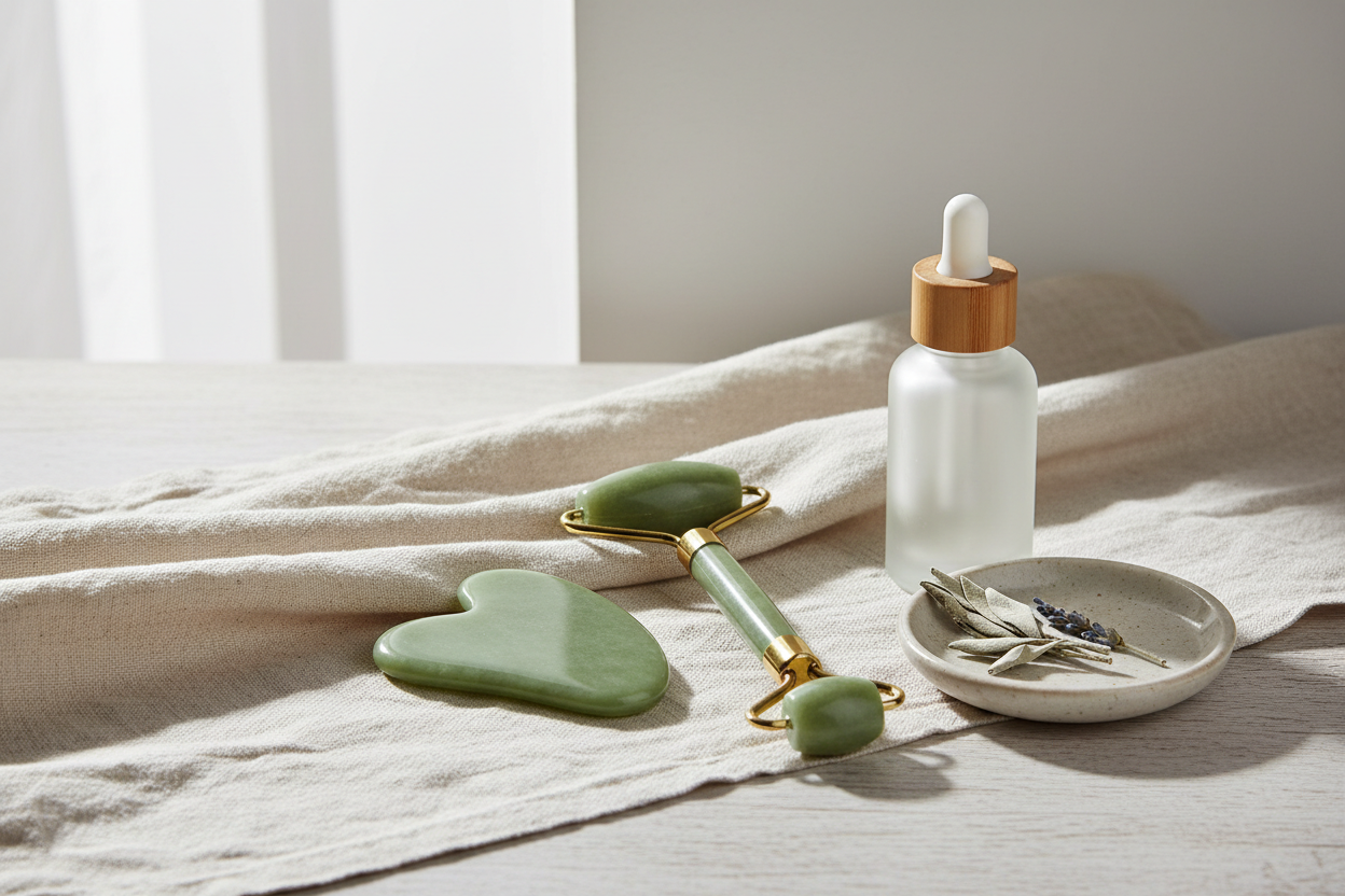 Gua sha and facial roller in sage green